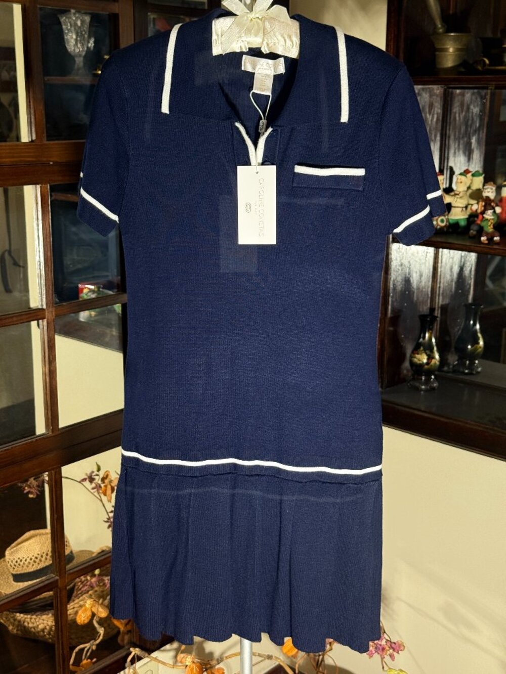 Caroline Constas New York Navy Polo Dress White Trim Stretch Preppy Size M NWT